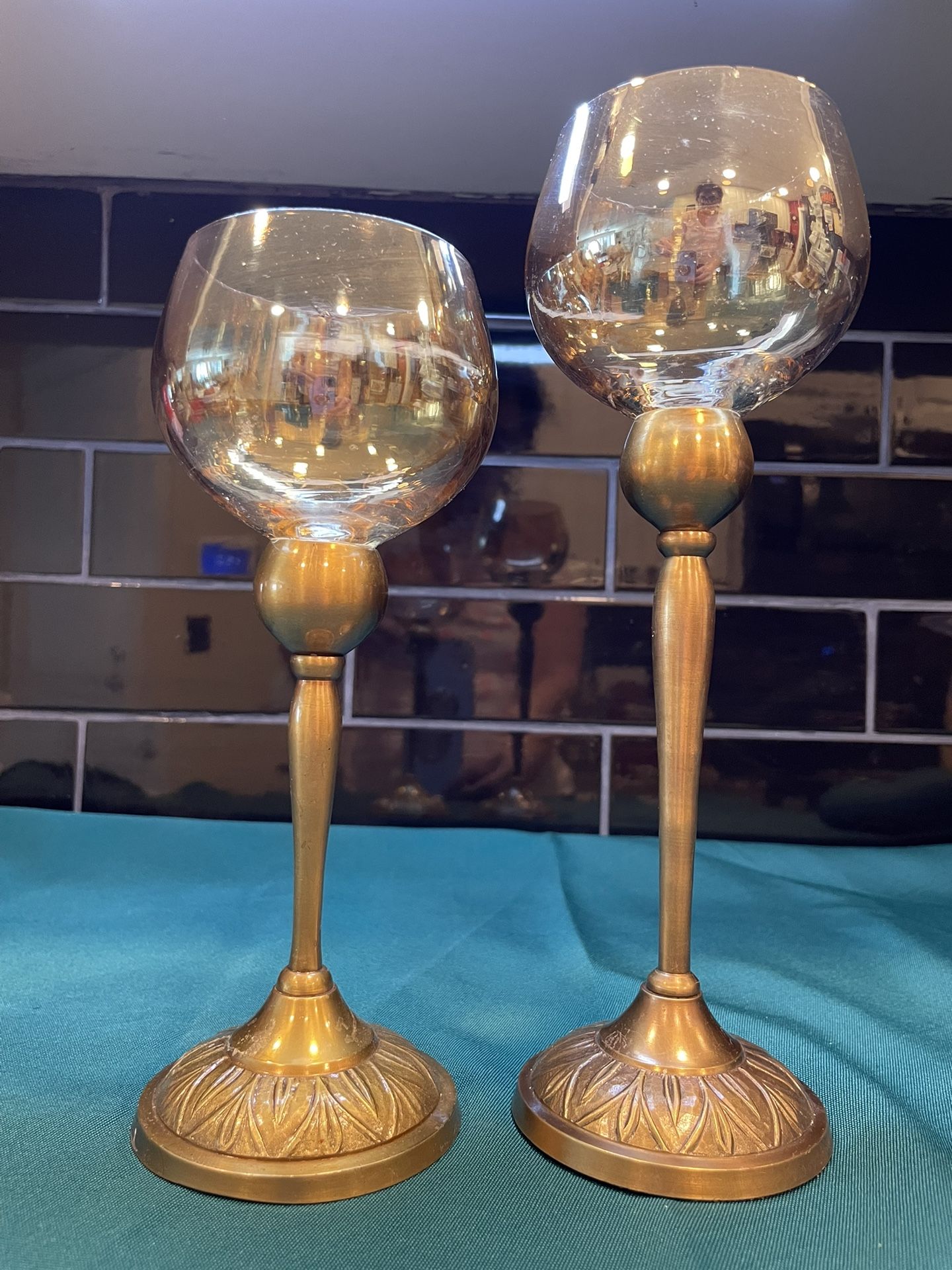 Vintage Beauties! Set Of 2 Graduated Brass Candle Holders 