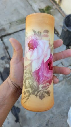 8" Vintage Hand Painted Milk Glass Vase Pink Roses Peony Floral Mom Shabby 