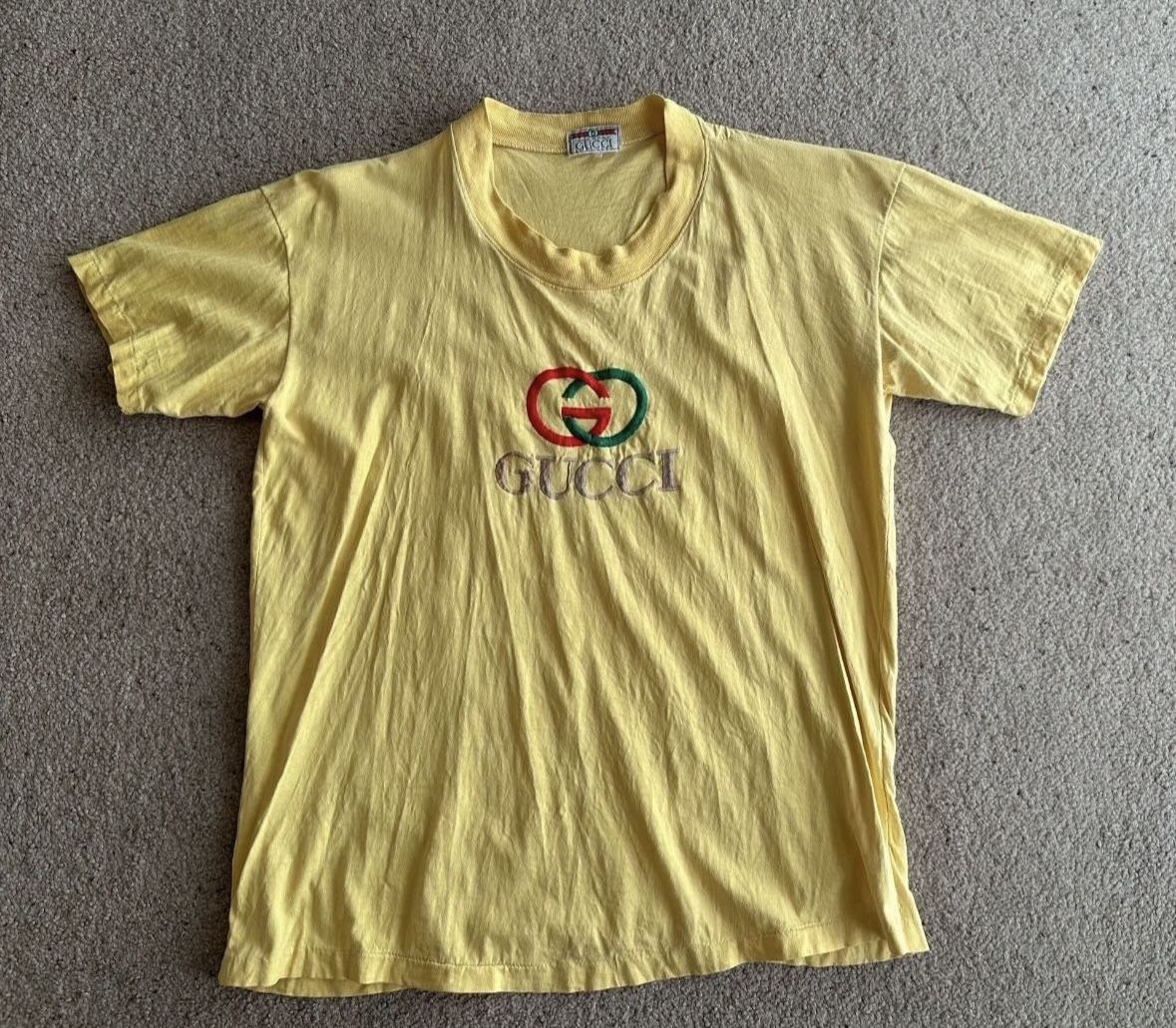 Vintage 1980s  Gucci Embroidered Bright Yellow Unisex T-shirt Shirt Short Sleeve Similar To Large