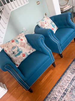 Teal Tufted Accent Chairs with Nailhead Trim – Set of 2