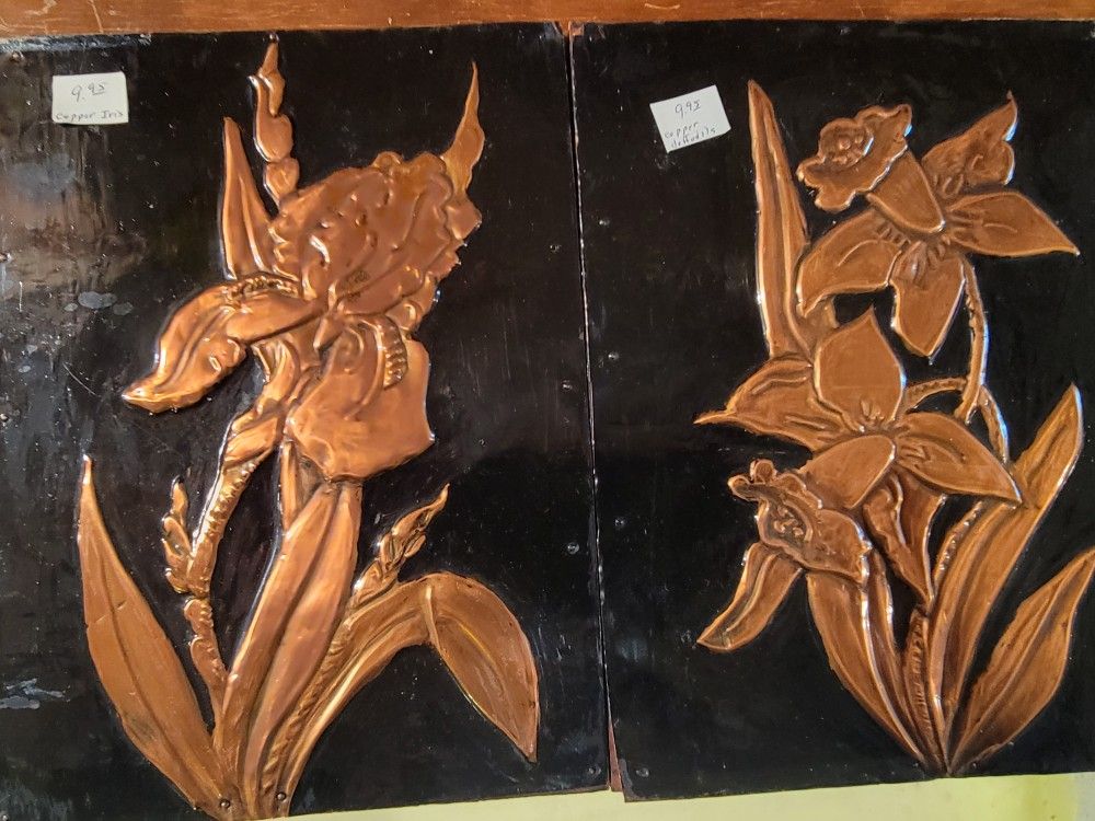 Copper Relief Embosed Wall Art Plaques Of Flowers