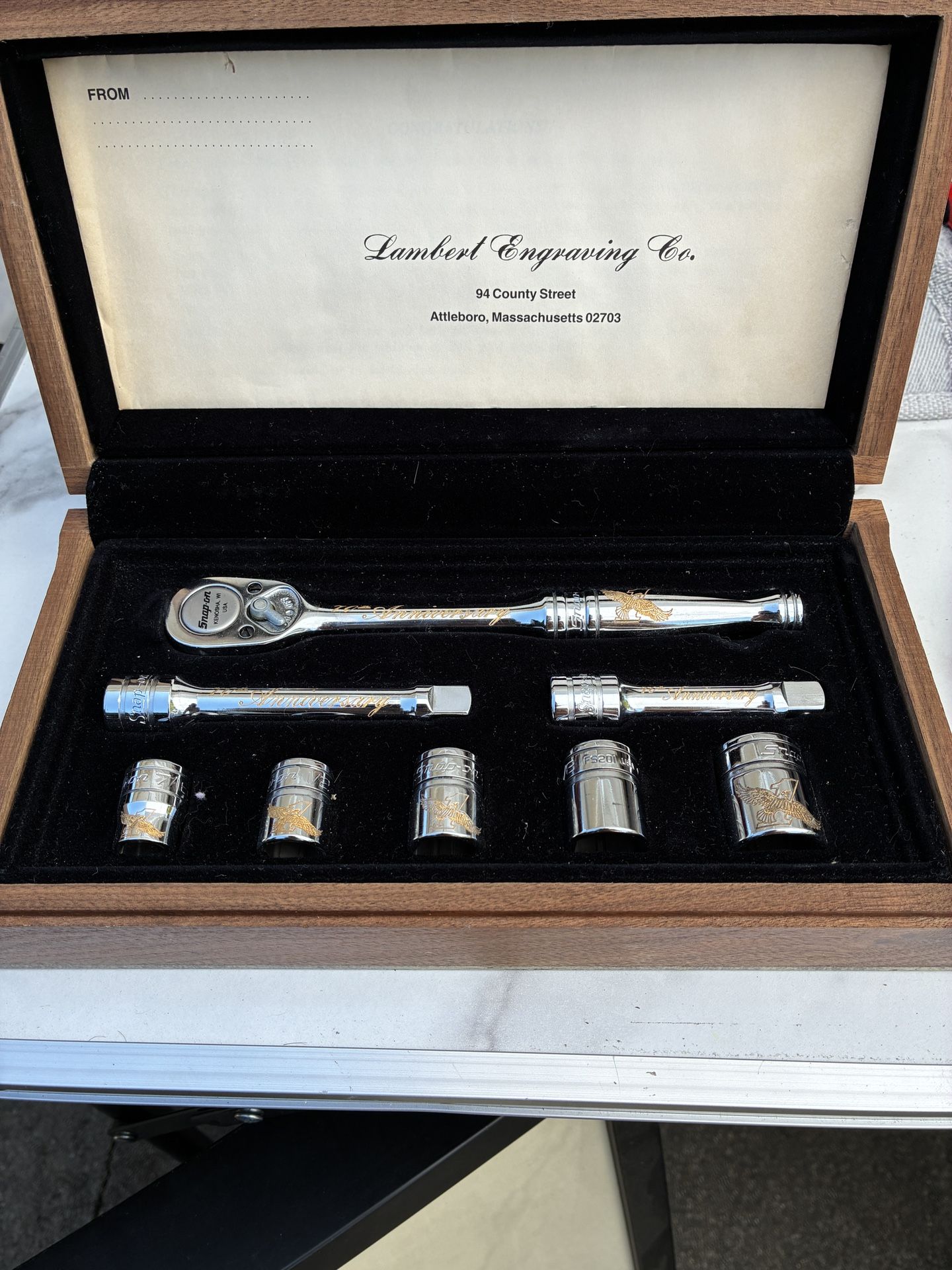 Snap-On 70th Anniversary 3/8” Ratchet/Socket Set 24K Gold Engraved with Walnut Case
