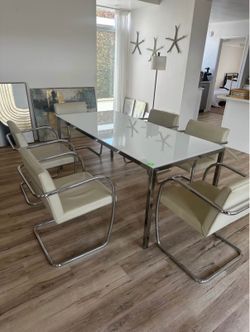 6 Brno-Style Cantilever Chairs + Glass Dining Table