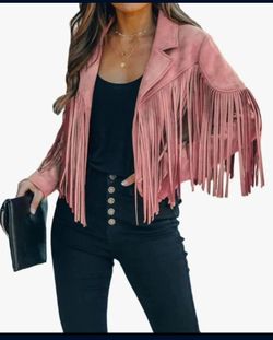 Chartou Women's Pink Faux Suede Country Western Fringe Moto Jacket Size Large