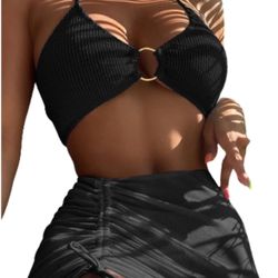MakeMeChic Women's Sz L 3 Piece Bathing Suit Halter Ring Bikini Set Cover Up Skirt Black #243/1