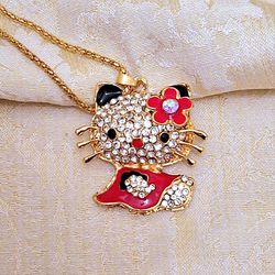 "Hello Kitty" cat pendant necklace Red & black enamel, silver rhinestones
