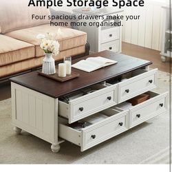 48" Farmhouse Coffee Table with Hidden Storage,Wooden Coffee Tables with 4 Drawers & Roman Column Handle,Rectangular Rustic Center Table with Solid Wo