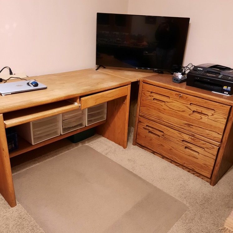 Wood Oak Desk and 2-Drawer File Cabinet