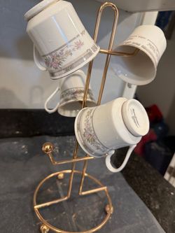Floral Porcelain Mugs with Gold Mug Tree Stand