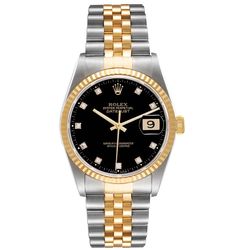 1996 Men's Rolex 36mm DateJust Two Tone 18K Gold / Stainless Steel Watch with Black Diamond Dial and Fluted Bezel. (UNWORN Box/Paper 16233)