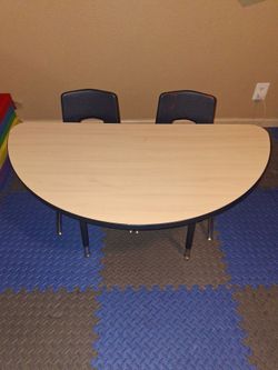 Tan and blue table and chairs