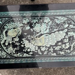 Vintage Korean Mother of Pearl Peacock Tea Table  Vintage Korean Chinoiserie Mother of Pearl Inlay Peacock, Bird Low Folding Tea, Card Lacquered Table