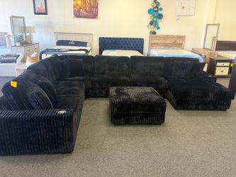 Black Corduroy Sectional Sofa with Ottoman