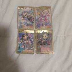 4 Custom Made Gold Color Trainer cards - Marnie and Lillie
