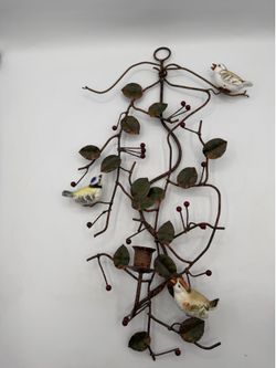 Vintage Metal Wall Decor/Candle Holder With Birds, Leaves & Berries