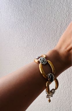 STRIKING SIGNED BRIGHTON SILVER & GOLD PLATED BEAD OPEN SCROLL LINK BRACELET