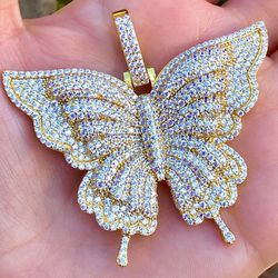 Italy 925 Sterling Silver Big Butterfly 14K Gold 5X Layered Iced Pendant Fits Upto 10MM Miami Cuban Chains 