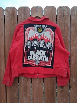Large Red Denim Jacket With Black Sabbath Back Patch