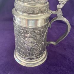 Vintage German Lidded Beer Stein Pewter Relief Decor Made in West Germany