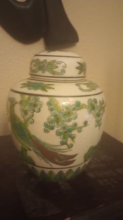 Beautiful Antique Urn Green & Gold Peacock Ceramic 