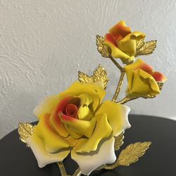 Vintage Porcelain Yellow Roses On Gold Metal Leaves