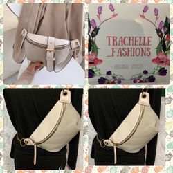 Cream Leather belt bag W/Chain & Adjustable Belt