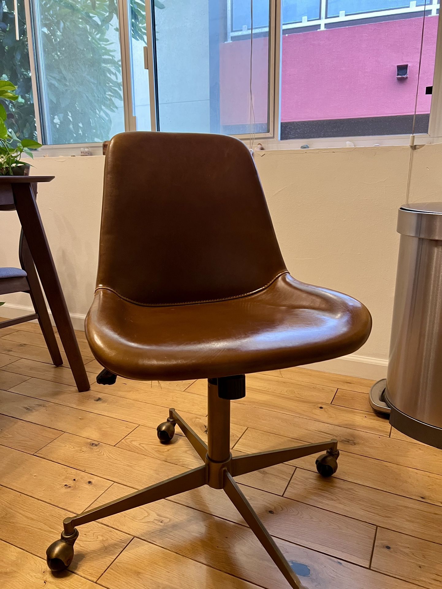 Chestnut Leather Mid-Back Armless Office Swivel Chair with Wheels