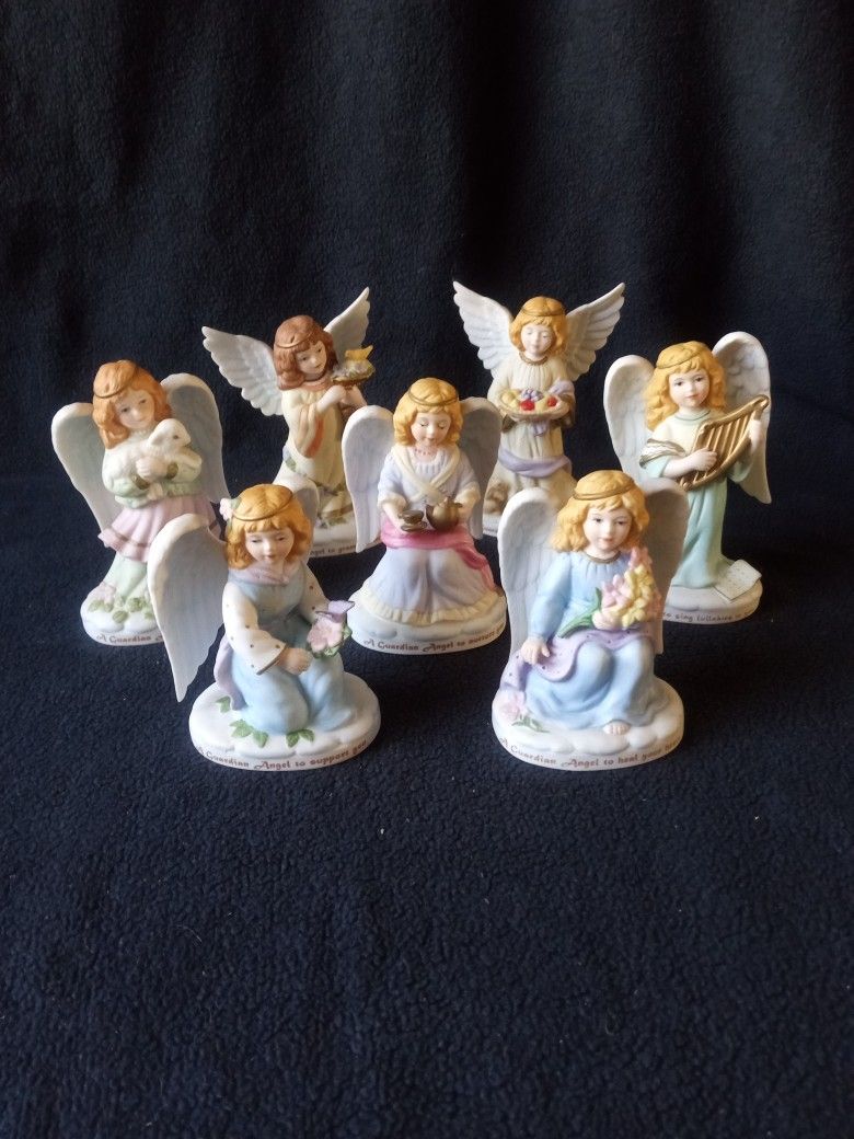 SET of 7 HEAVENLY GUARDIANS 1996 BRONSON COLLECTIBLES Premier Collection Inspirational Angel Figurines by Katherine Stevenson, Excellent Condition