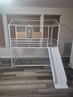 Twin Over Twin Metal Bunk Bed with Playhouse Design and Slide
