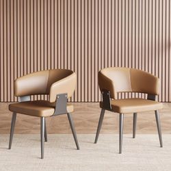 Modern Faux Leather Dining Chairs, Set of 4, Mid Century Style Accent Chairs with Arms, Black Metal Legs, Elegant and Durable Design, Perfect for Dini