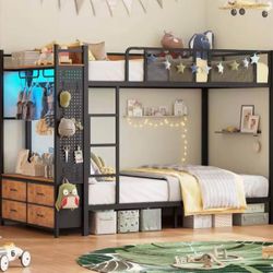 Metal Bunk Bed Twin Over Twin with Hall Tree, Power Outlet, LED Bunk Bed with 4 Storage Drawers, Bed with Safety Guardrail & Ladders, No Box Spring Ne