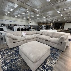 New in box 6pc light gray corduroy fabric modular sectional with ottoman