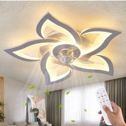 Ceiling Fan with Lights Remote Control, 3 Colors, 6 Speeds, 24" Geometric Bladeless Ceiling Fan, White Low Profile Ceiling Fan with Light for Kitchen 