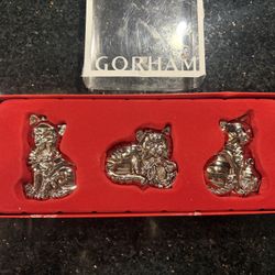 Set Of 3 GORHAM Cat Kitten Christmas Nickelplated Ornaments