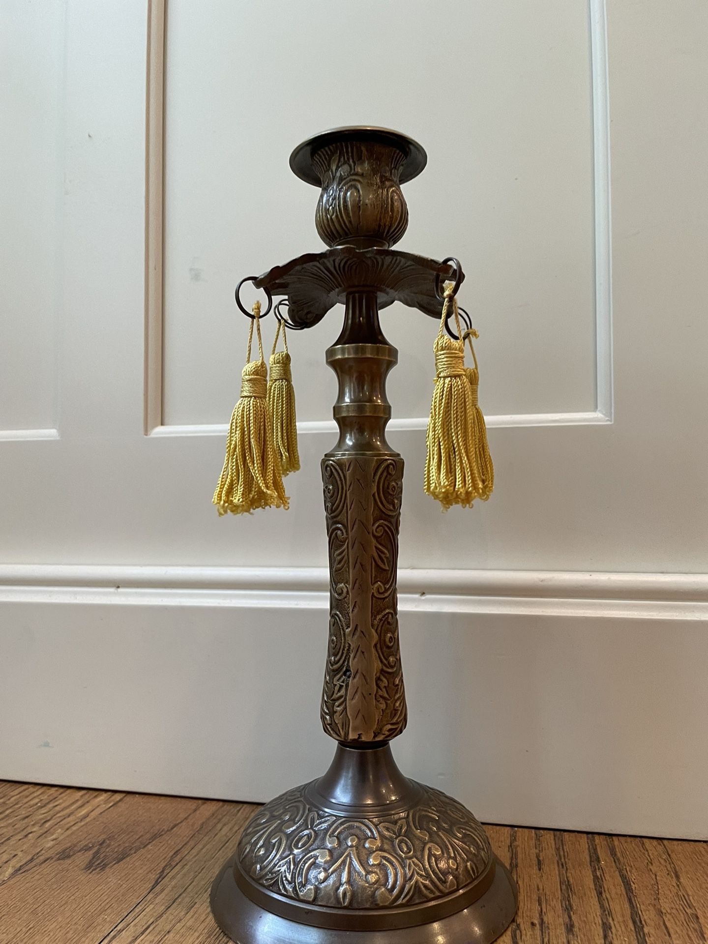 Vintage 12" Brass and Metal Tassel Candle Stick Holder Made in India. Condition is pre owned and is overall in very solid and respectable shape. This 