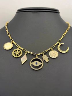 925 sterling silver 14k gold plated CZ Stone Moon Hamsa North Star Evil Eye Multi Charm Paper clip Link Necklace 17.5”