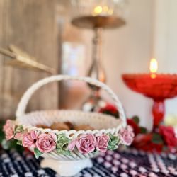 Capodimonte Style Floral Porcelain Basket – Pink Roses – Cottagecore / Shabby Chic