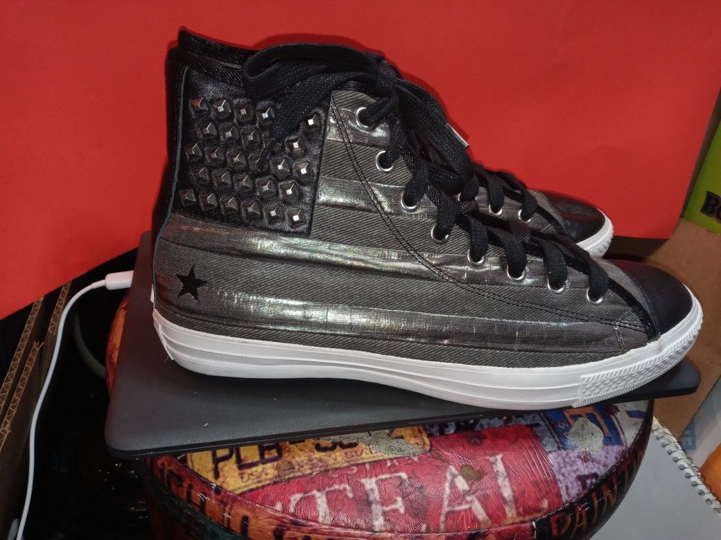 Collector's Item Limited Edition Converse All Stars All Black With Silver Stars And Stripes Forever