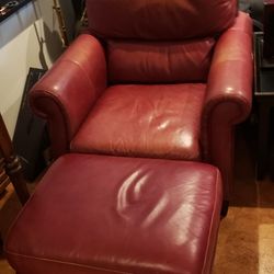 Genuine Red Leather Lounge Chair And Ottoman