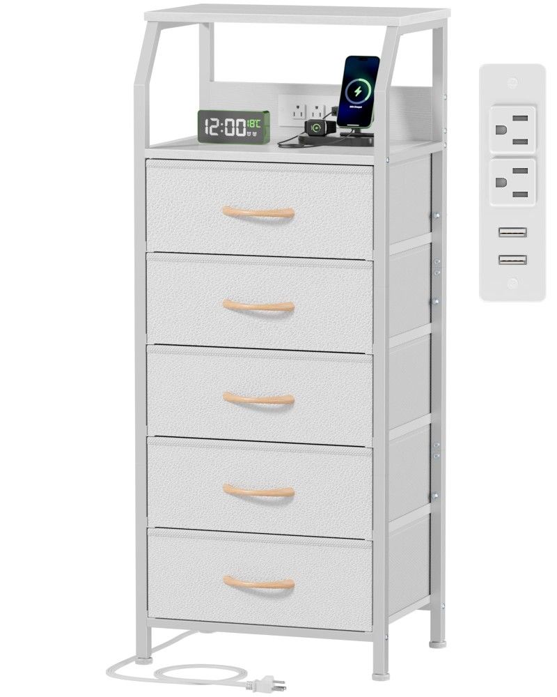 Furnulem 5 Drawers Dresser with Charging Station, Tall Night Stand with Open Shelf, Storage Tower with PVC & Fabric Drawer, Bedside Table for Bedroom,
