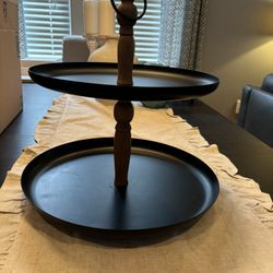 2 Tier Dessert Stand Wood And Black Metal 