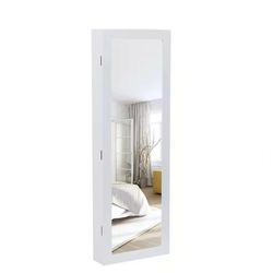 White Whole Body Mirror Wood Wall Hanging Jewelry Armoire Storage Cabinet
