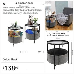 1819: New Nightstand Set of 2, Round End Tables with Fabric Storage Basket, Metal Side Table Bedside Table with Removable Tray Top for Living Room, Be