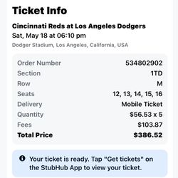 (5) Dodgers Tickets for 05/18/2024 