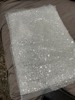 1.85” width, 1.25” length White Sequin and Pearl Embellished Mesh Fabric