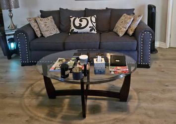 Dark Gray Fabric Sofa with Nailhead Trim