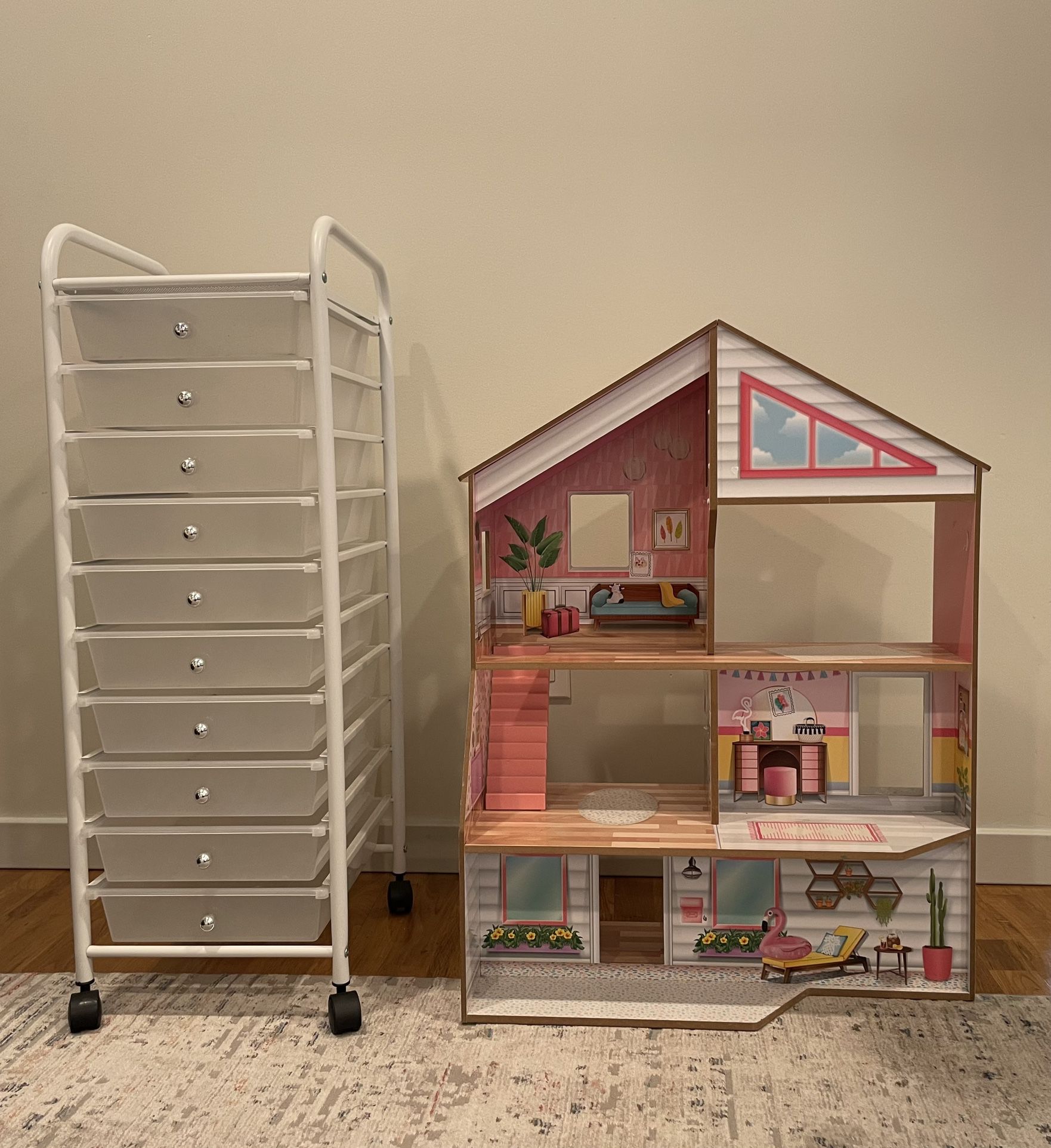10-Drawer White Rolling Cart And KidKraft Dollhouse