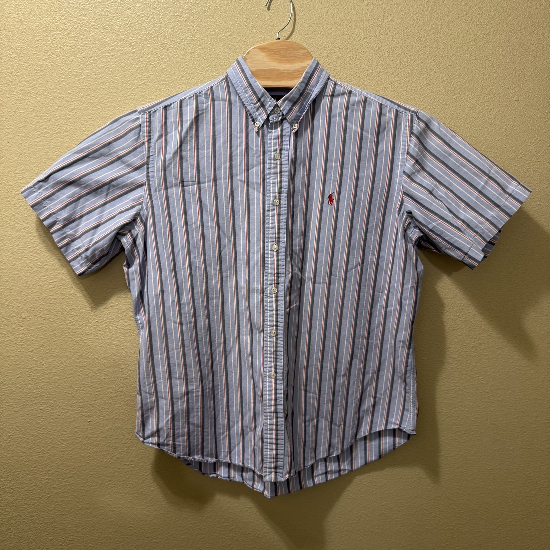 Men’s XL Vintage Ralph Lauren Light Blue Red Pony Striped Button Up Shirt