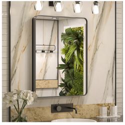 Keonjinn 24 x 32 Inch Black Recessed Medicine Cabinets, Bathroom Mirrored Medicine Cabinet, Black Stainless Steel Framed, Adjustable Shelves=Pal-95