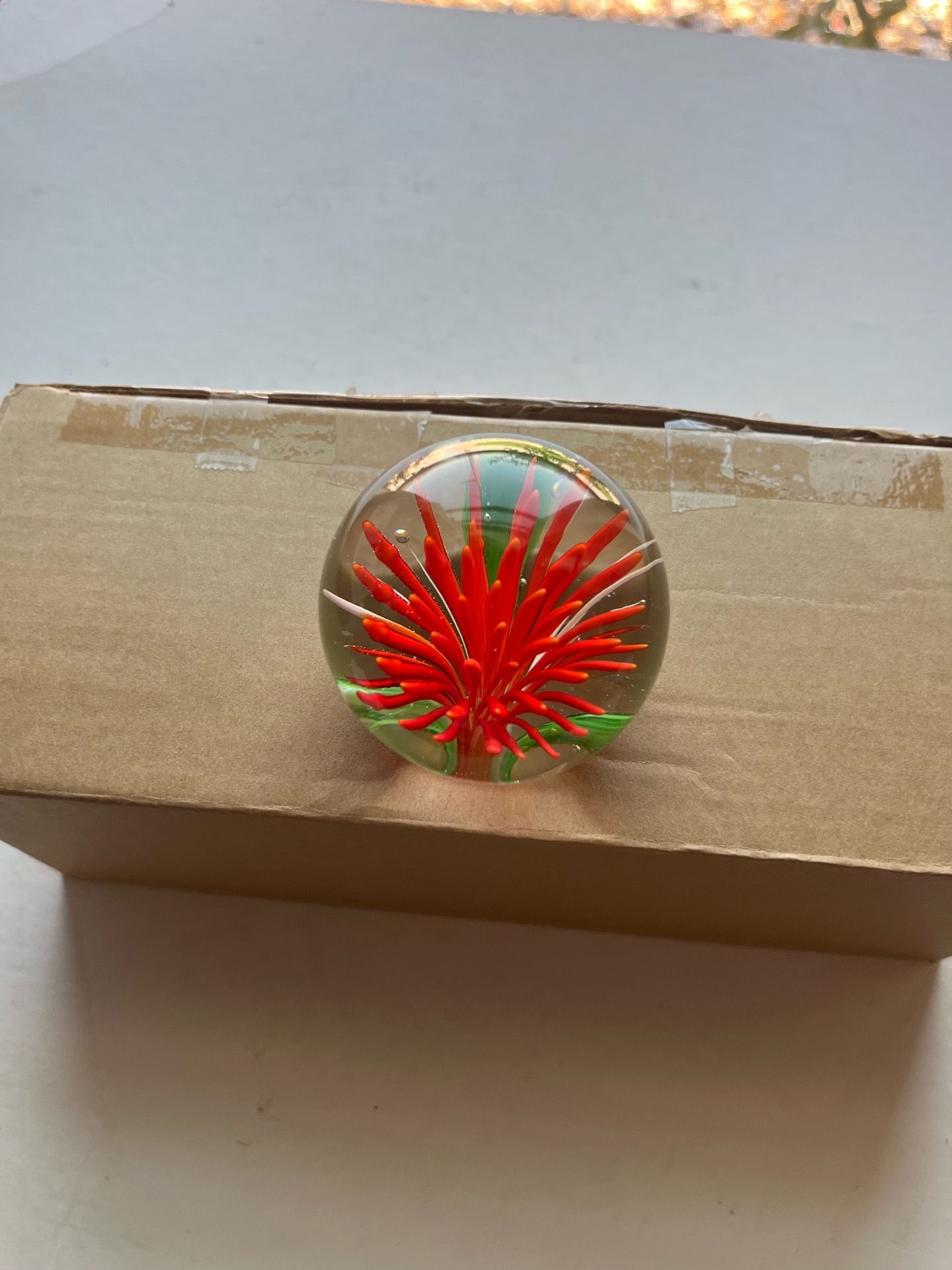 Vintage Dahlia Chrysanthemum Orange flower & Green Leaves glass paperweight